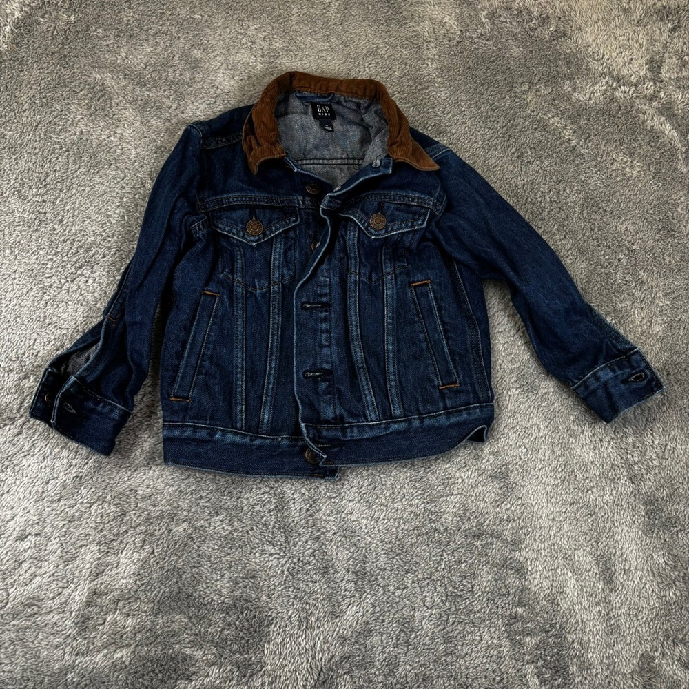 Gap Kids Icon Denim Trucker Jacket Dark Midas Wash Corduroy Collar XS 4-5